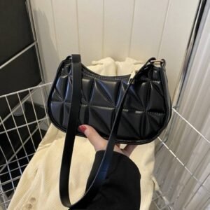 Glossy Black Geometric Quilted Shoulder Bag