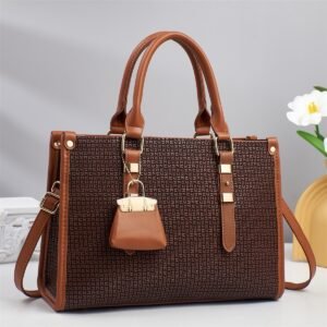 Women’s Structured Woven Tote Handbag With Mini Charm - Brown/Wine/Black/Beige/Pink